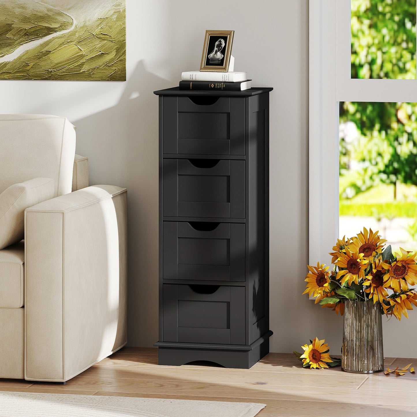 Bathroom Storage Cabinet with Cutout Handles and 4 Drawers, black DirectDeals in living room on Tampa Home & Garden Store