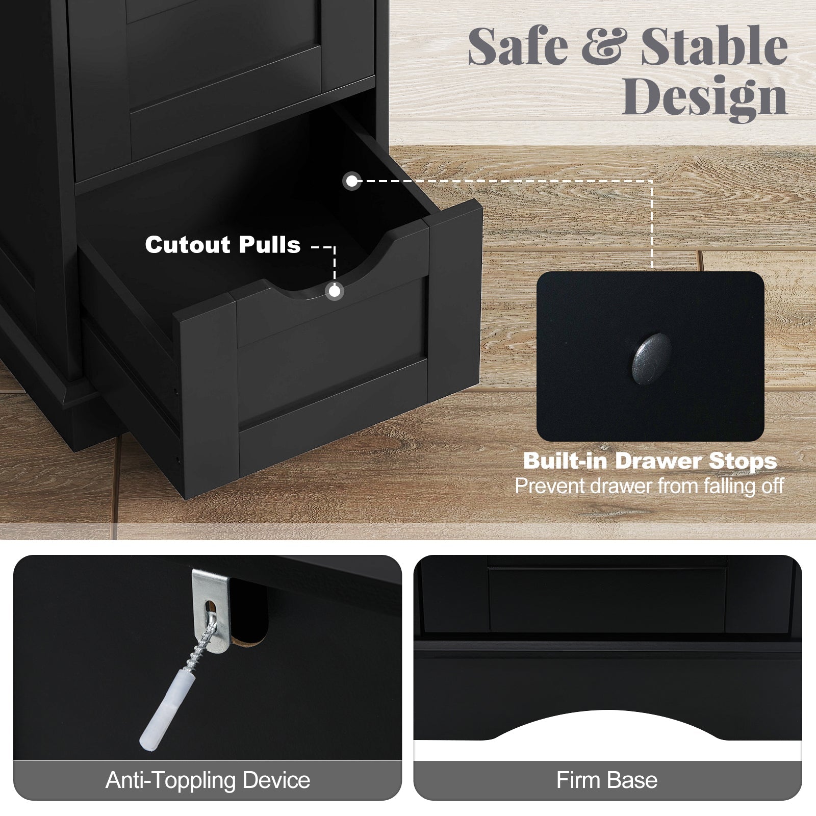 DirectDeals bathroom storage cabinet in black with 4 drawers and cutout pulls on Tampa Home & Garden Store