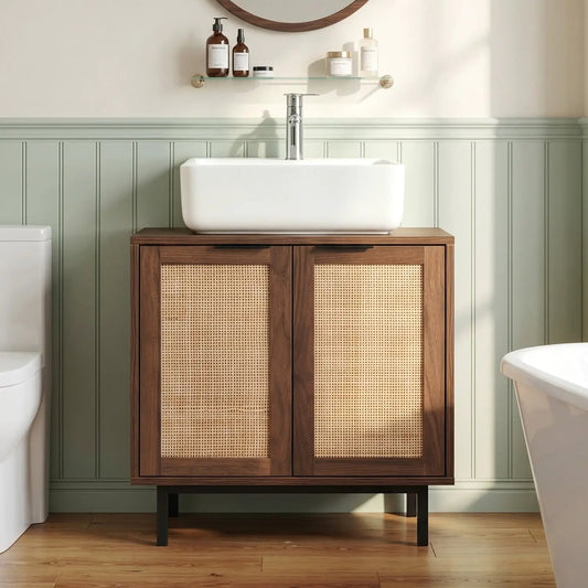Bathroom vanity with rattan doors and white vessel sink, cane panels, chrome faucet on Tampa Home & Garden Store