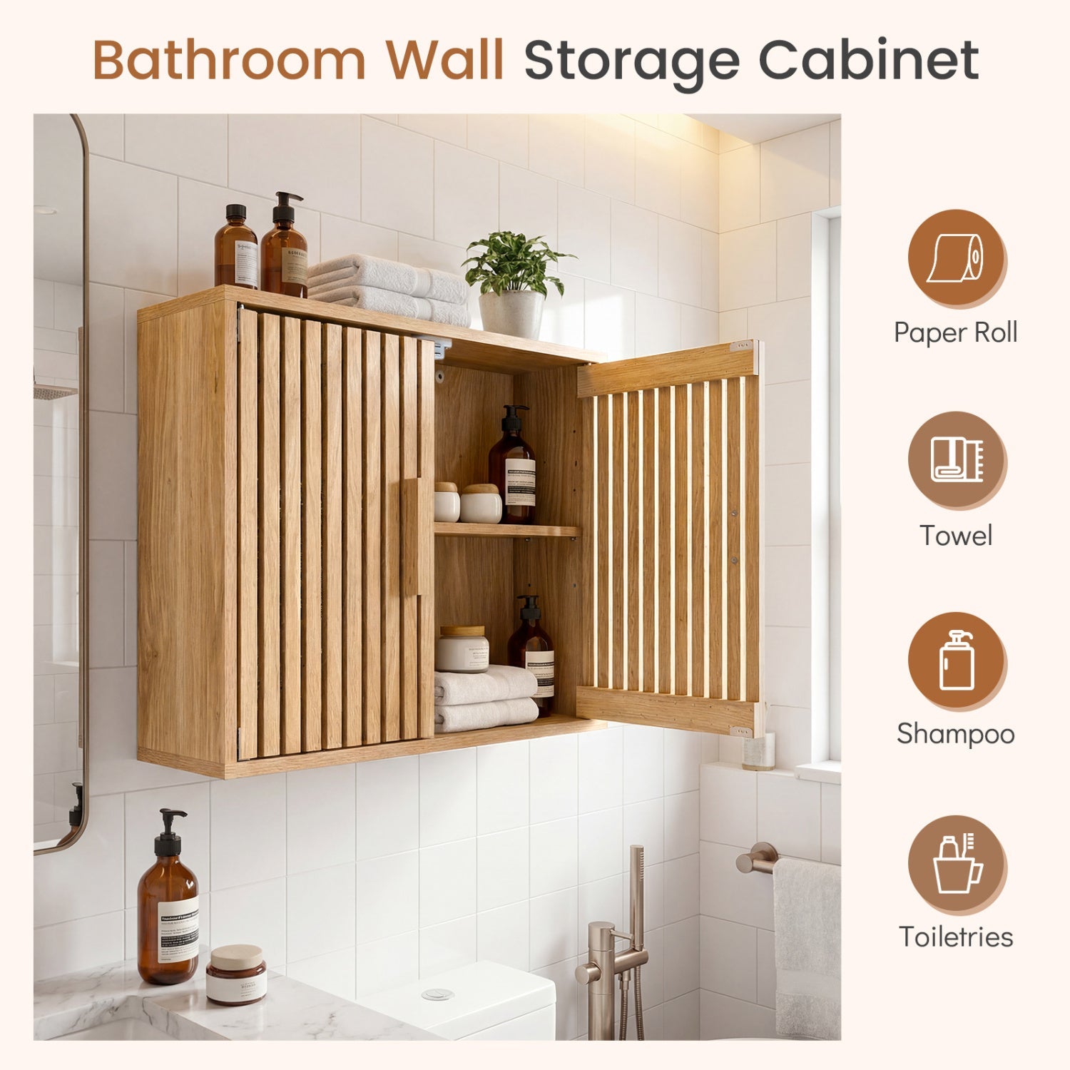 DirectDeals oak-finished wooden bathroom wall cabinet with 2 slatted doors and 3-level shelves on Tampa Home & Garden Store