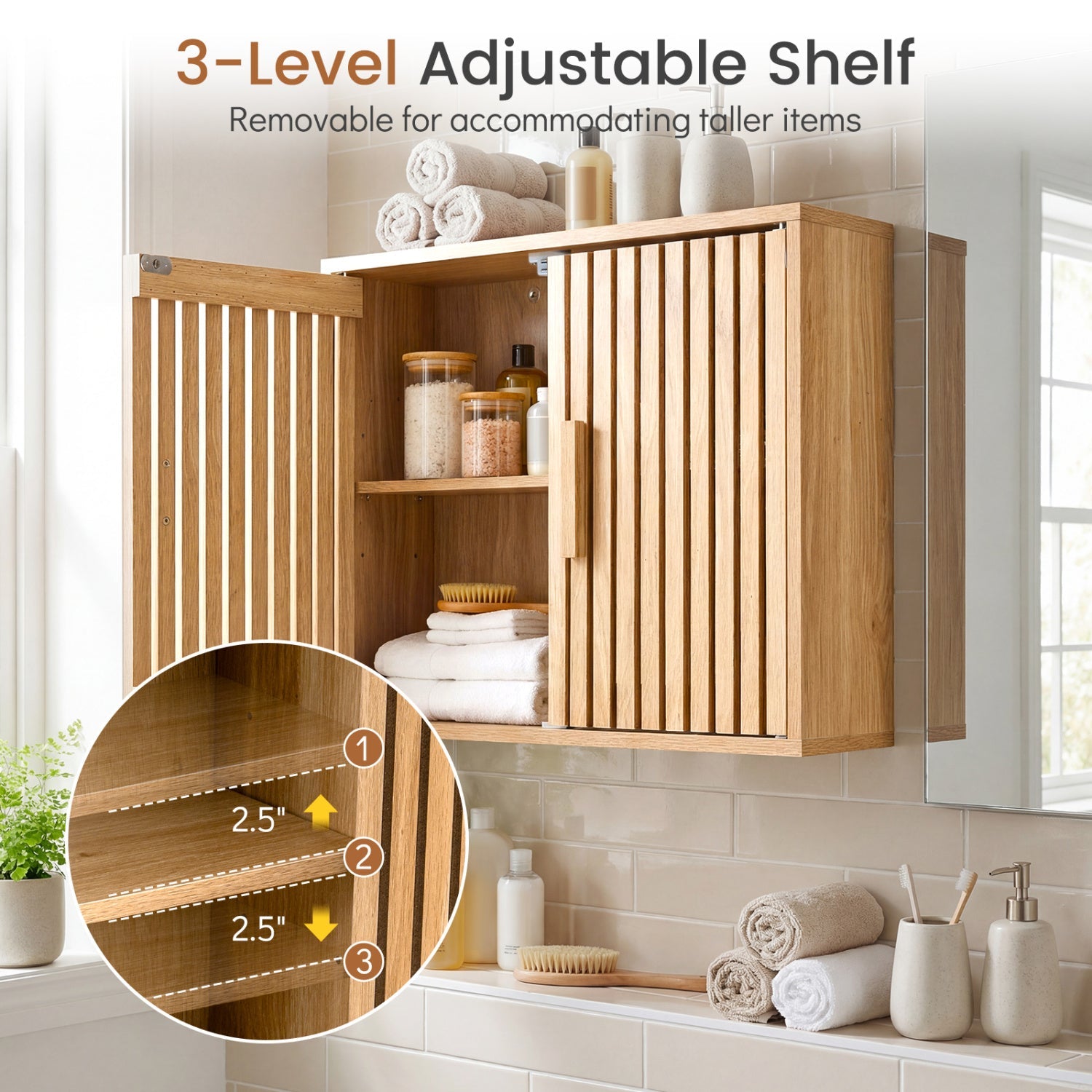 Bathroom Wall Cabinet with 2 slatted doors, oak finish, 3 adjustable shelves DirectDeals on Tampa Home & Garden Store
