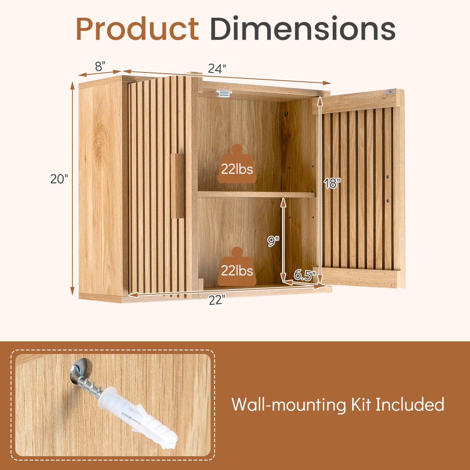 Bathroom Wall Cabinet with 2 Slatted Doors and 3-Level Adjustable Shelves in wood DirectDeals on Tampa Home & Garden Store