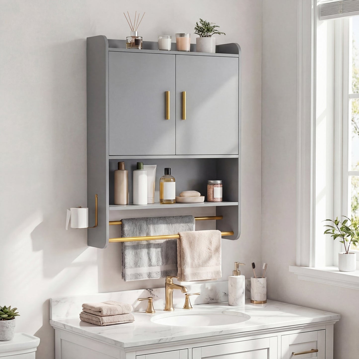 Bathroom Wall Cabinet and Towel Bars Wall Mounted