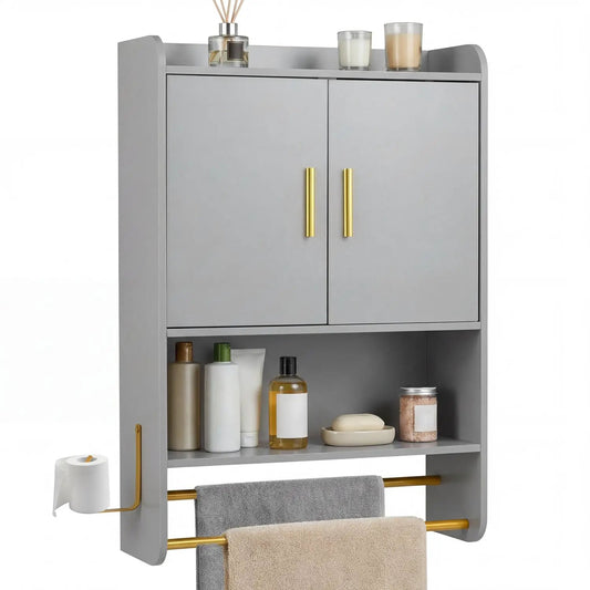 Bathroom wall cabinet DirectDeals gray finish with gold handles and towel bars on Tampa Home & Garden Store