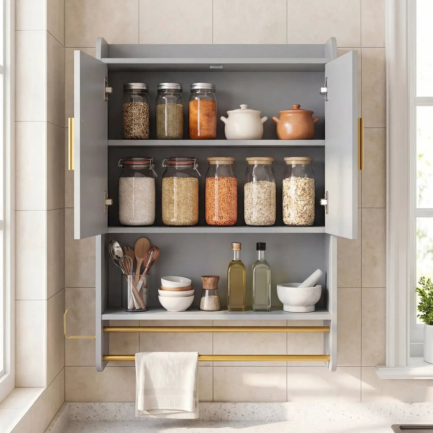 Bathroom Wall Cabinet and Towel Bars Wall Mounted