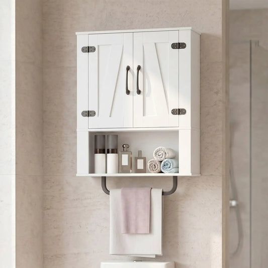 Bathroom Wall Cabinet with Barn Doors and Towel Bar, white wood, DirectDeals on Tampa Home & Garden Store