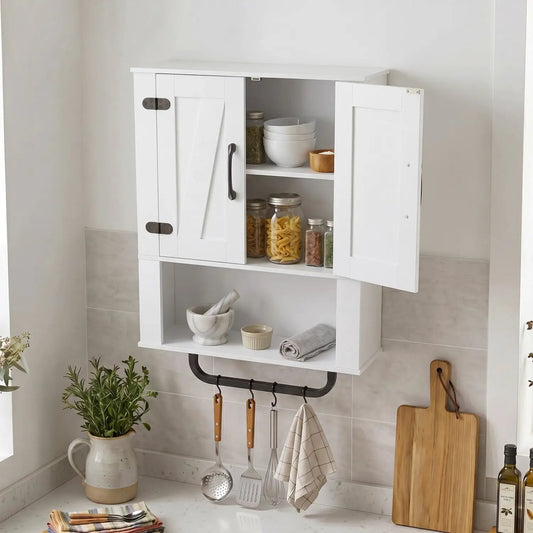 Bathroom wall cabinet white with barn doors and towel bar, open shelf with bowls and jars on Tampa Home & Garden Store