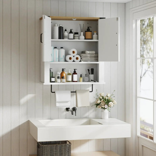 Farmhouse white wall cabinet with towel bar open doors reveal bathroom bottles and towels on Tampa Home & Garden Store