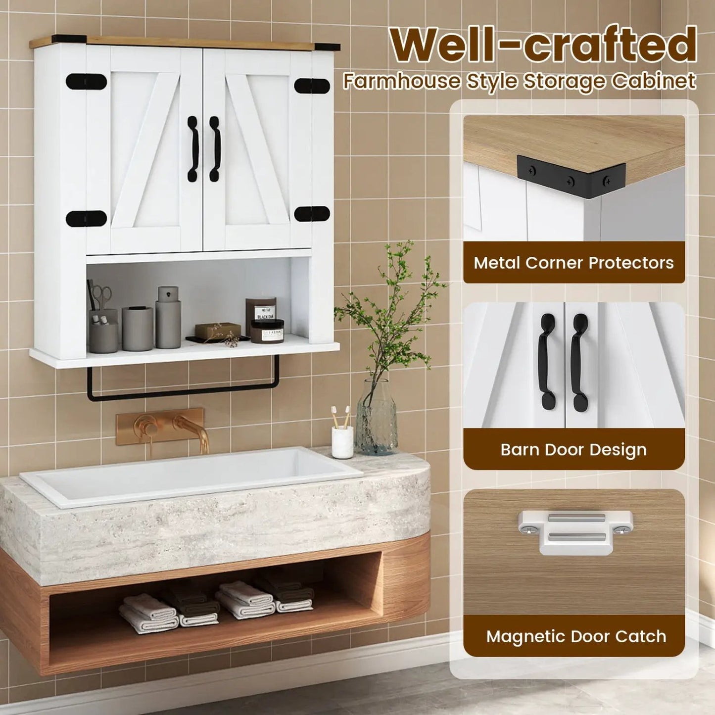 Farmhouse Wall Cabinet With Towel Bar White