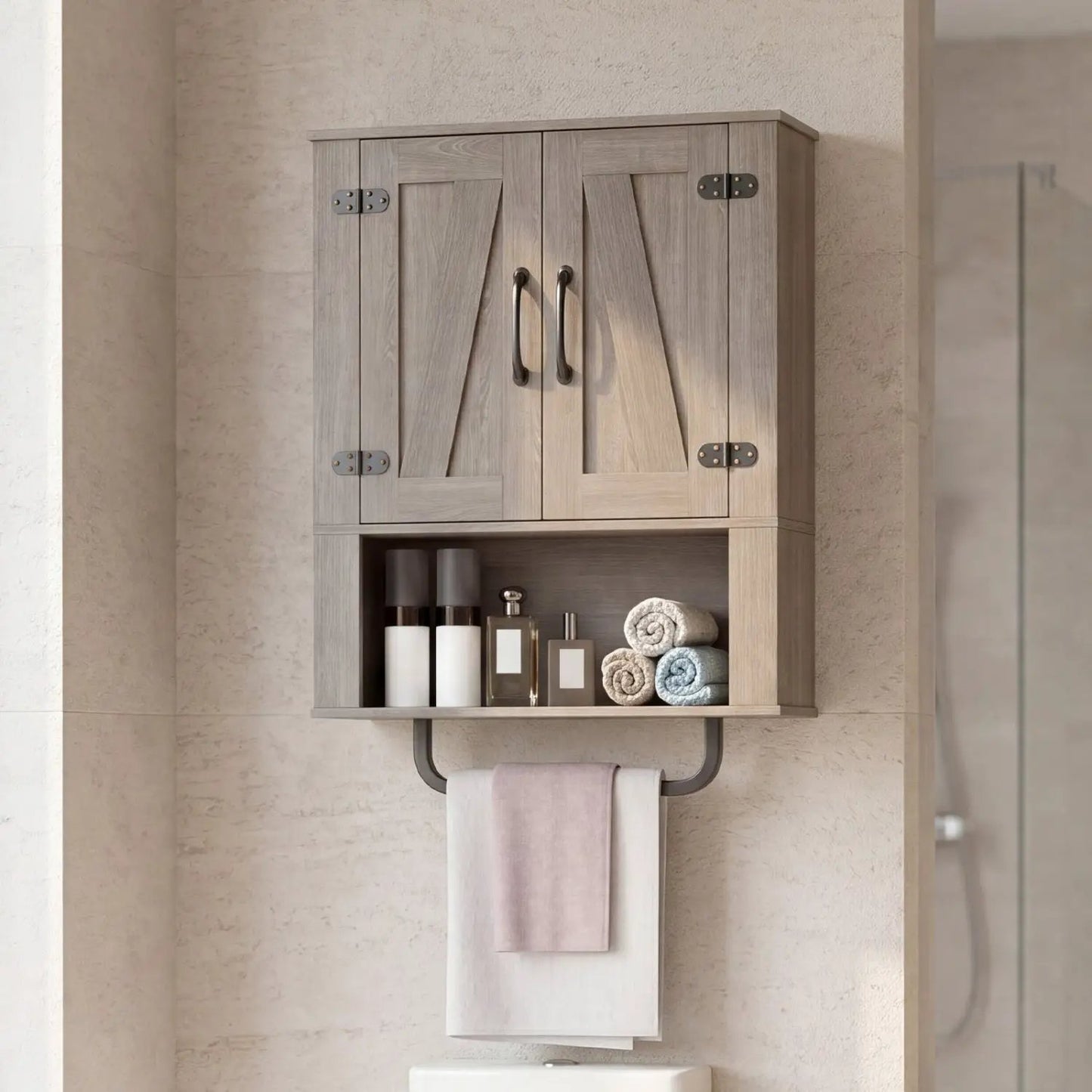 Bathroom Wall Cabinet With Barn Doors Towel Bar