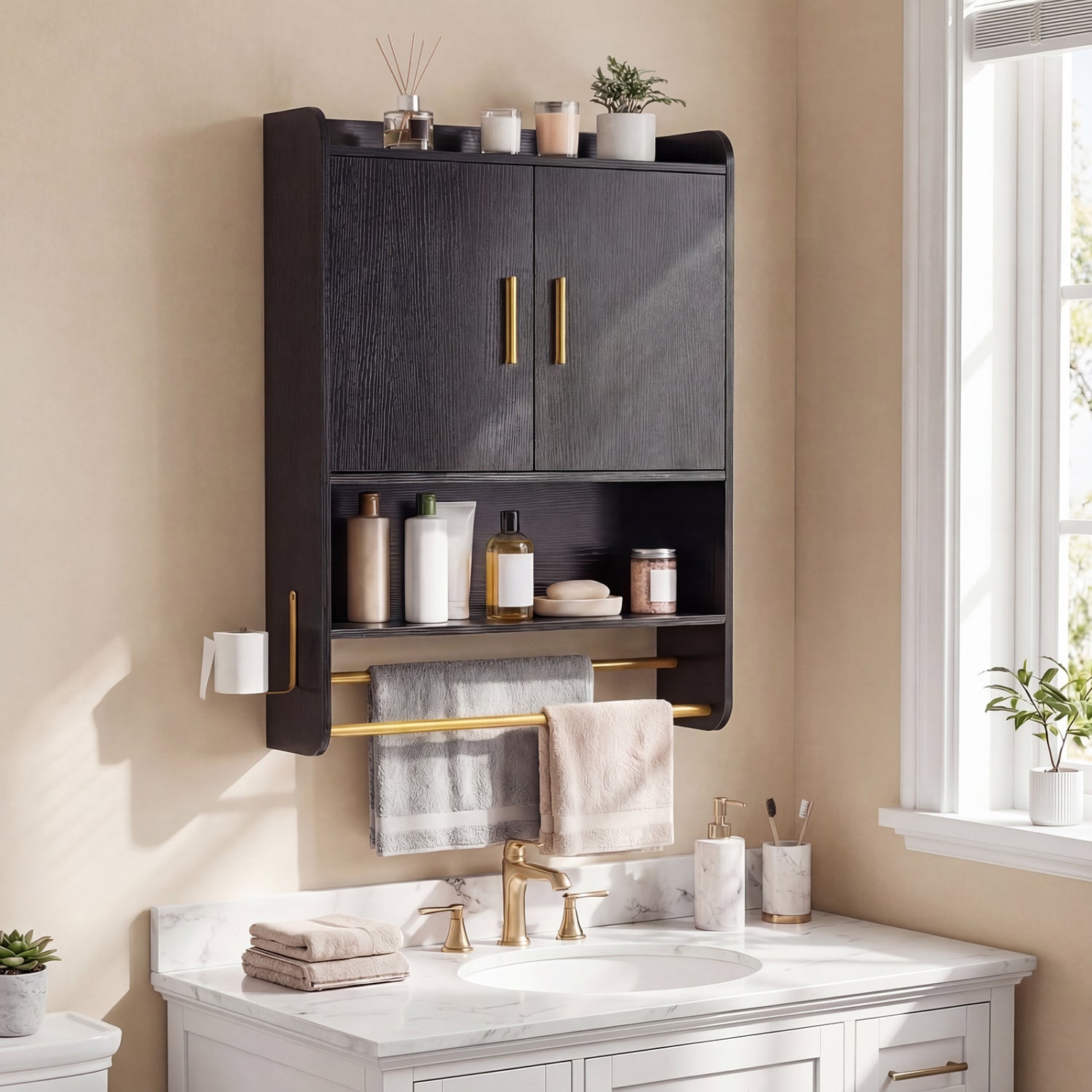 Wall Mounted Bathroom Cabinet with Towel Bars by DirectDeals black with two towels on gold bars on Tampa Home & Garden Store