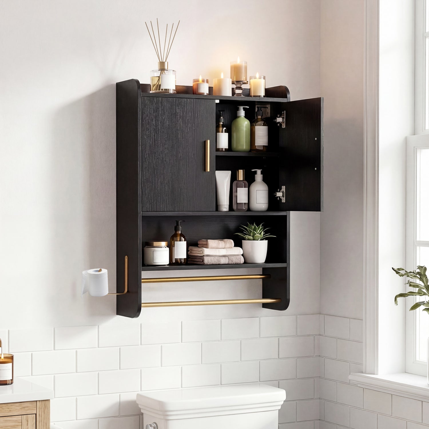 Wall Mounted Black Bathroom Cabinet with Gold Towel Bars by DirectDeals on Tampa Home & Garden Store