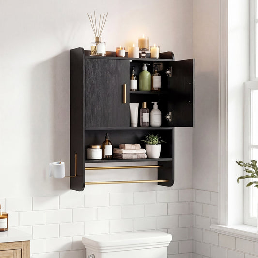 Wall Mounted Black Bathroom Cabinet with Gold Towel Bars by DirectDeals on Tampa Home & Garden Store