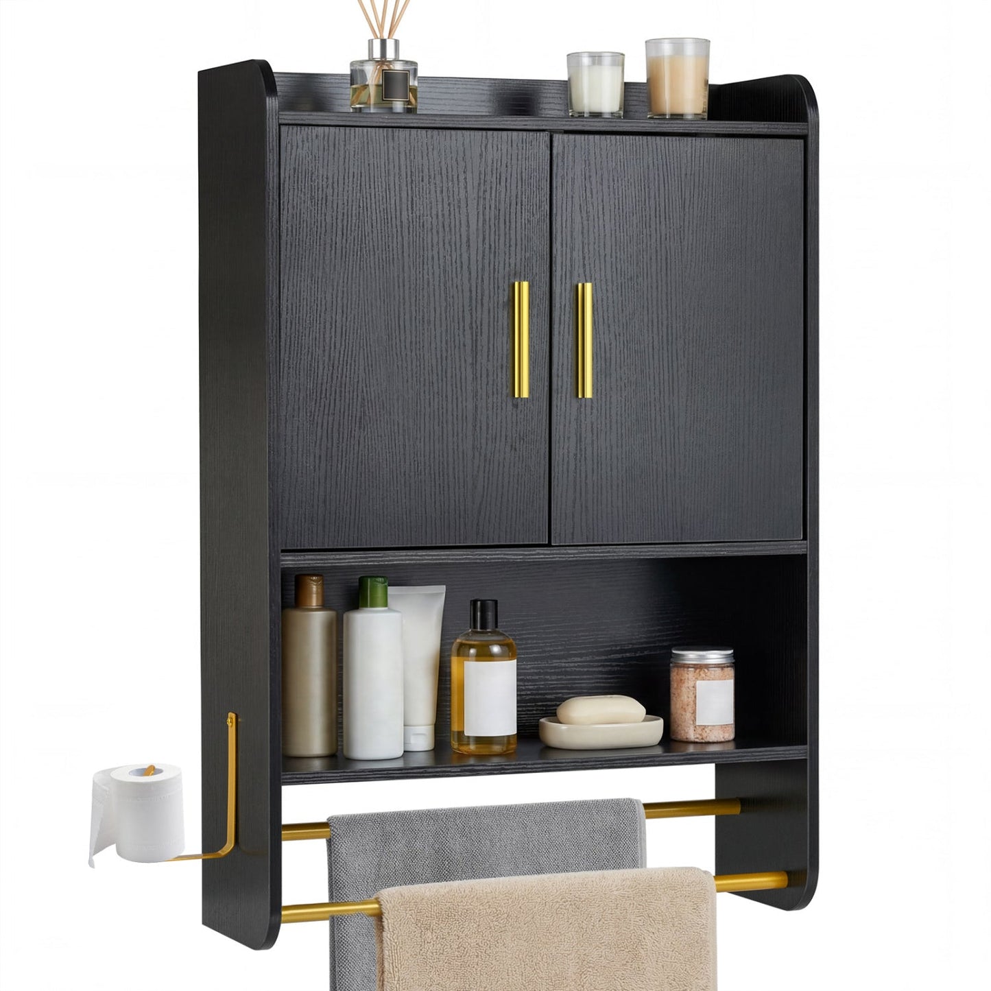 DirectDeals black wall mounted bathroom cabinet with gold hardware and towel bars on Tampa Home & Garden Store