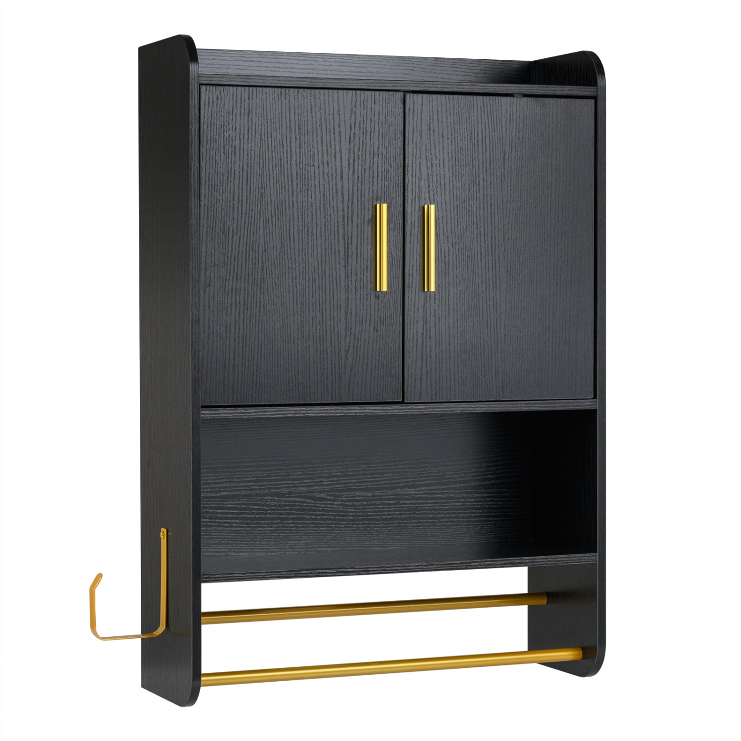 Wall mounted black bathroom cabinet with towel bars and gold hardware DirectDeals two gold door handles on Tampa Home & Garden Store