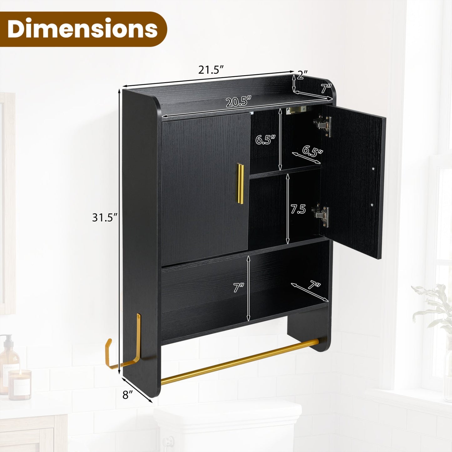 Wall Mounted Bathroom Cabinet with Towel Bars - Black by DirectDeals; interior shelves and gold hardware visible on Tampa Home & Garden Store