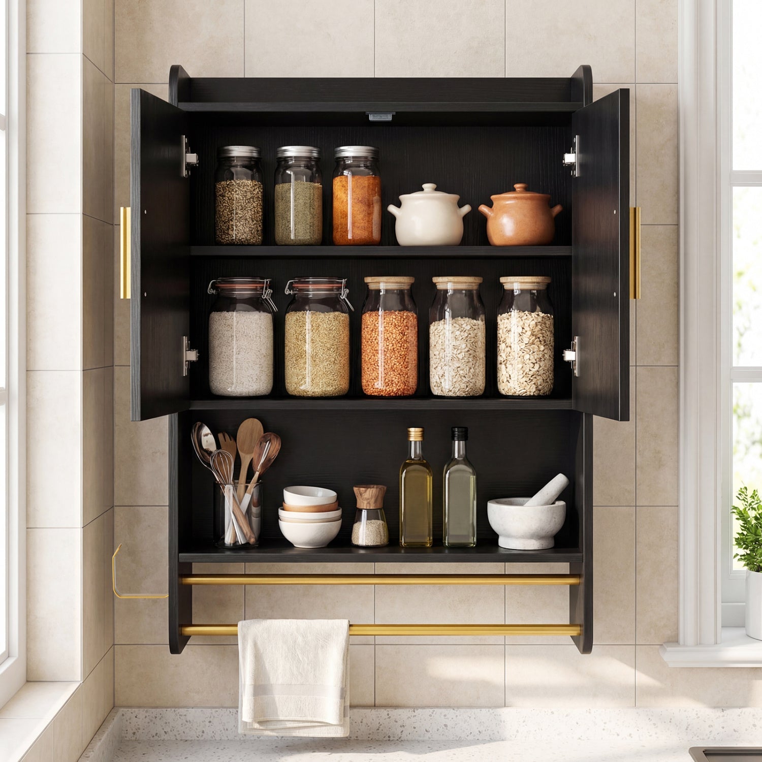 Wall Mounted Bathroom Cabinet black finish with towel bars; glass jars and ceramic pots on Tampa Home & Garden Store