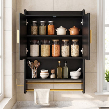 Wall Mounted Bathroom Cabinet black finish with towel bars; glass jars and ceramic pots on Tampa Home & Garden Store