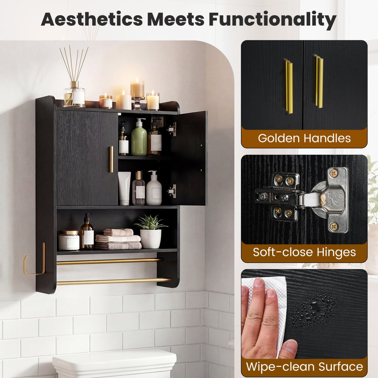 Wall-mounted black bathroom cabinet with gold handles and towel bars opens to store bath items on Tampa Home & Garden Store