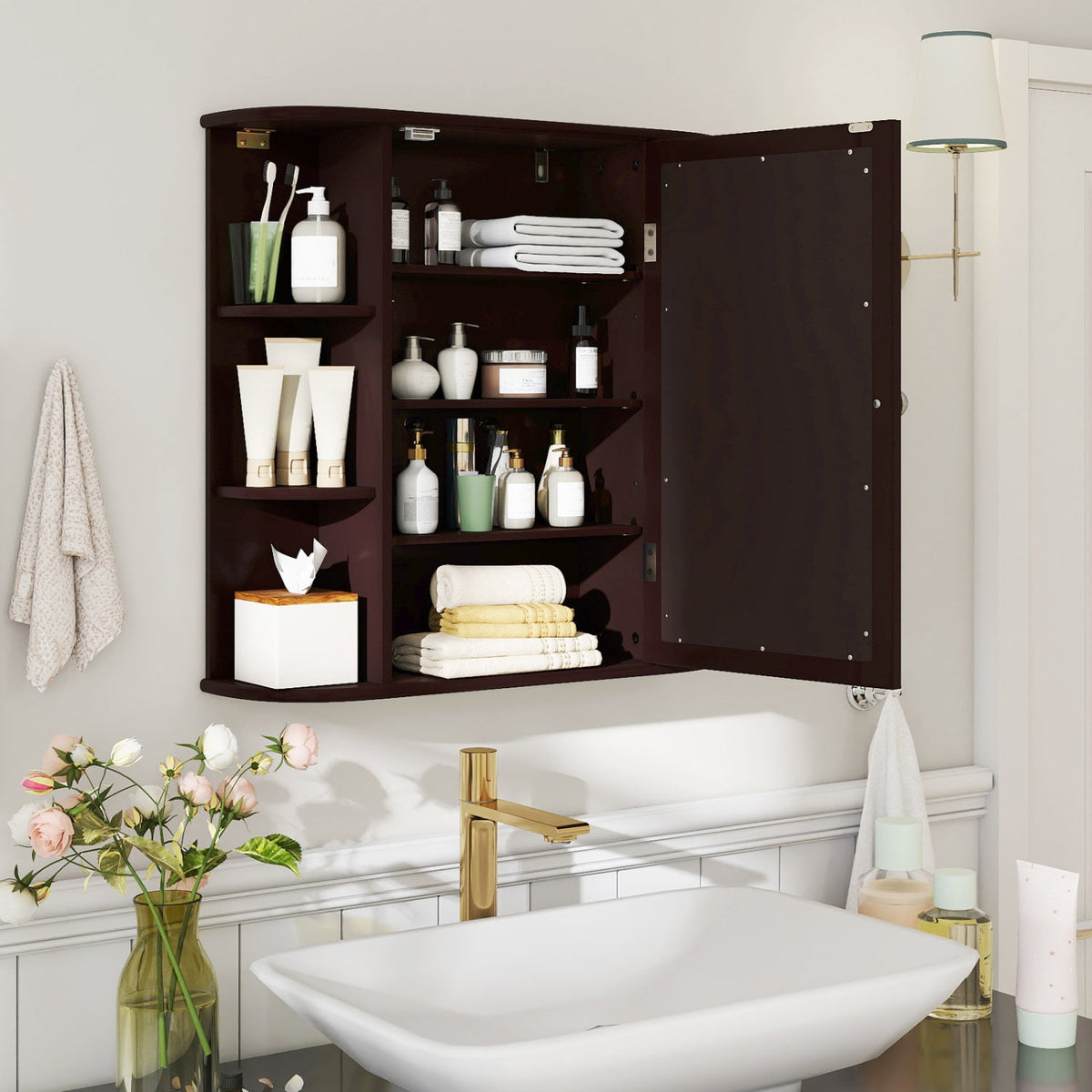Bathroom wall cabinet with mirror door, dark brown finish, adjustable shelves, DirectDeals on Tampa Home & Garden Store