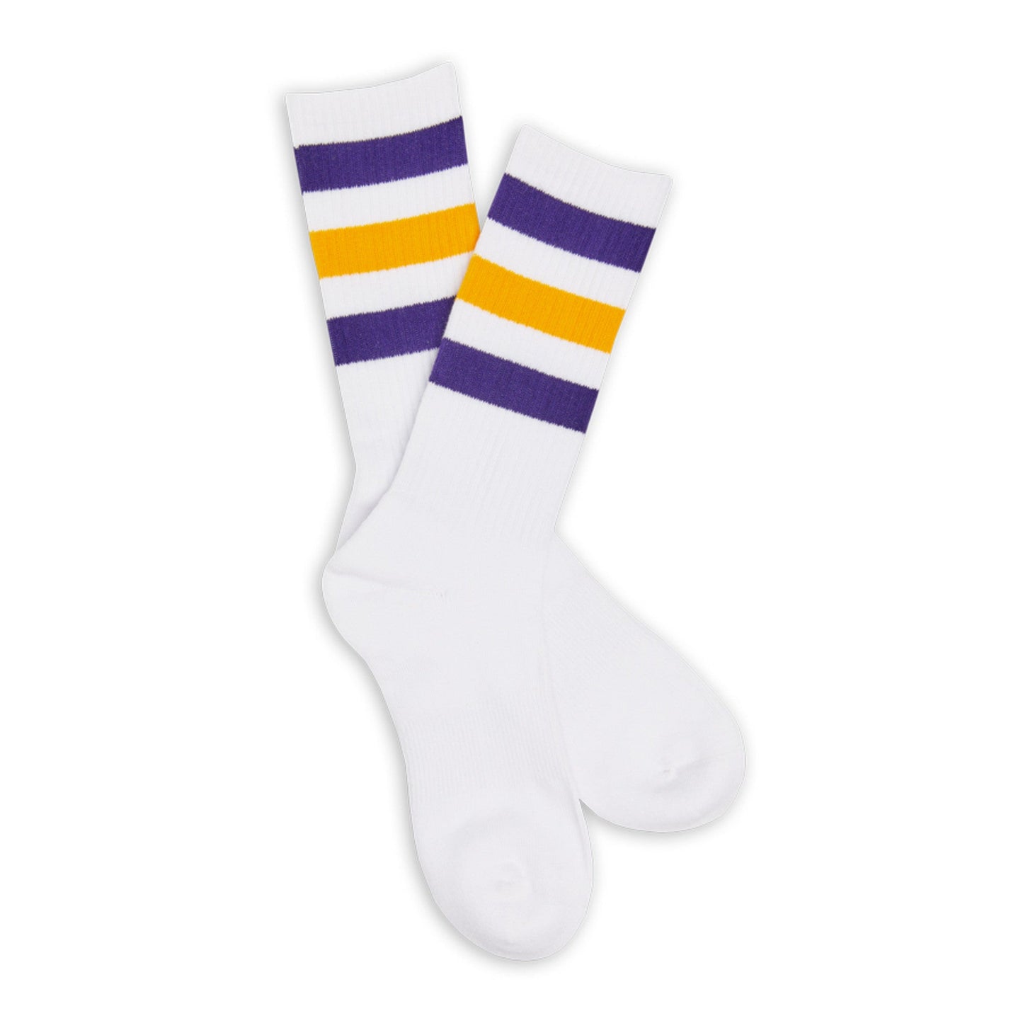 DeadSoxy Purple and Gold Crew Socks 4-Pack, white base with bold purple and yellow stripes on Tampa Home & Garden Store