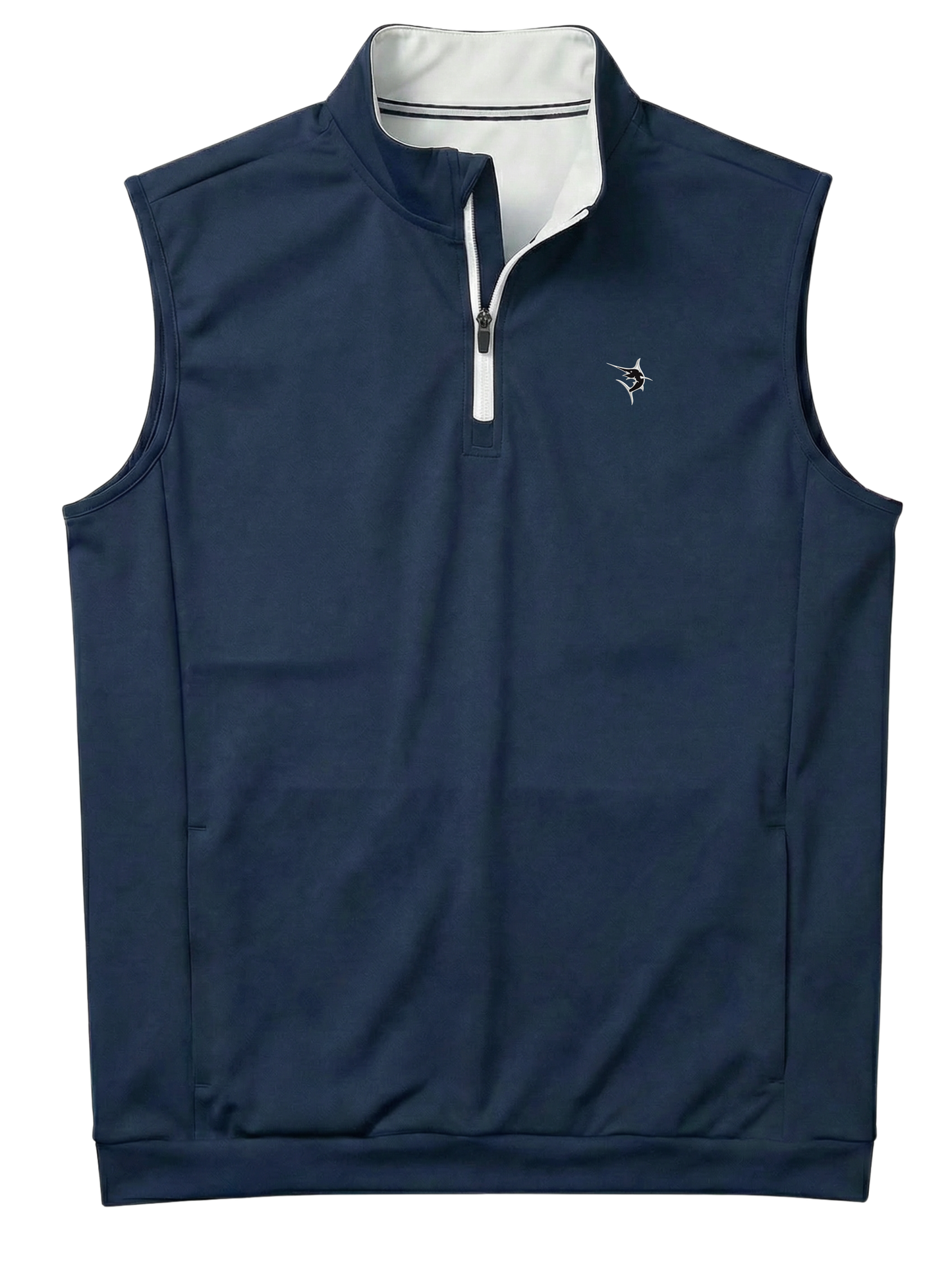 Bayside Quarter Zip Vest navy with white zipper placket and white-lined collar logo on chest on Tampa Home & Garden Store