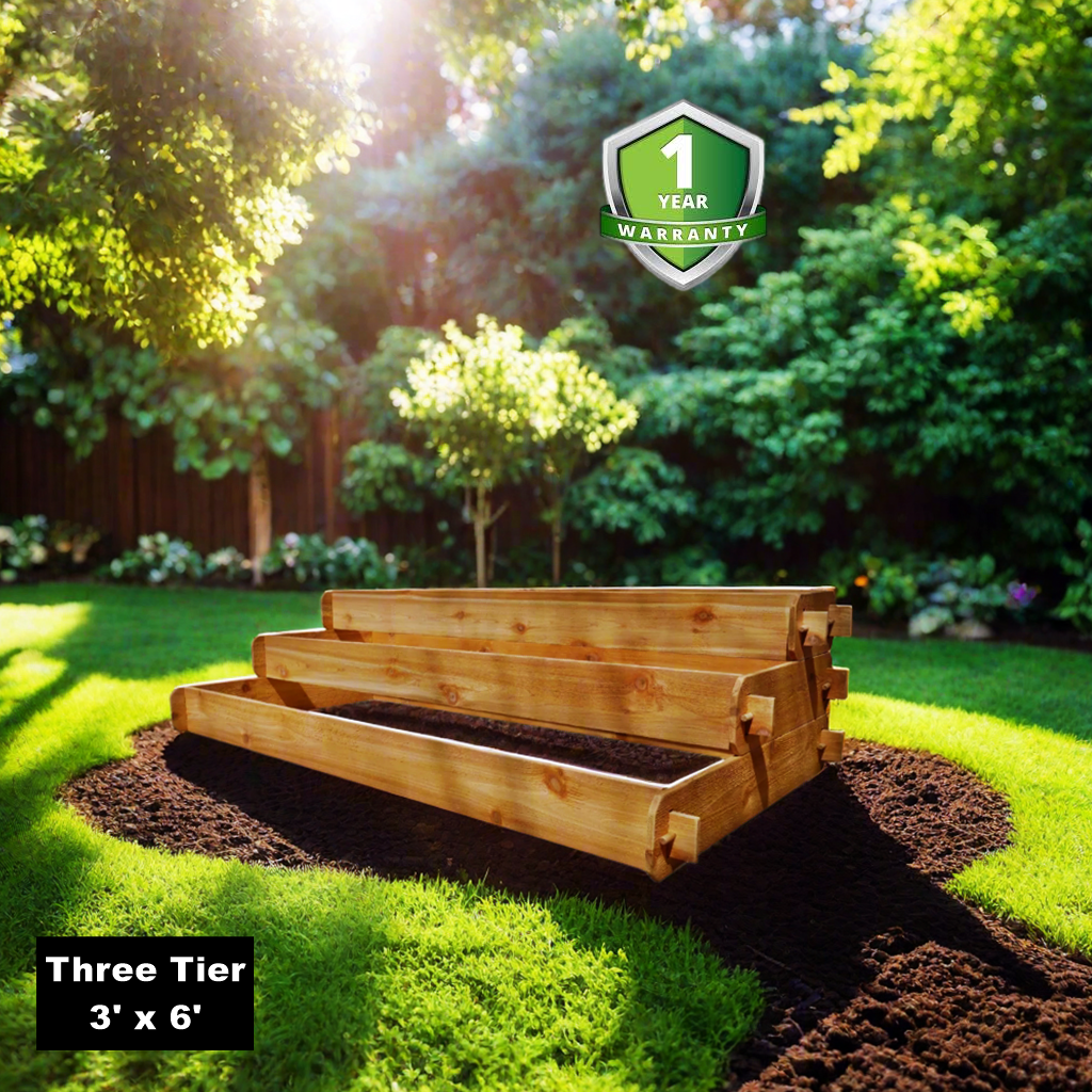 Timberlane Gardens cedar three-tier raised garden bed kit, elevated planter on lawn on Tampa Home & Garden Store