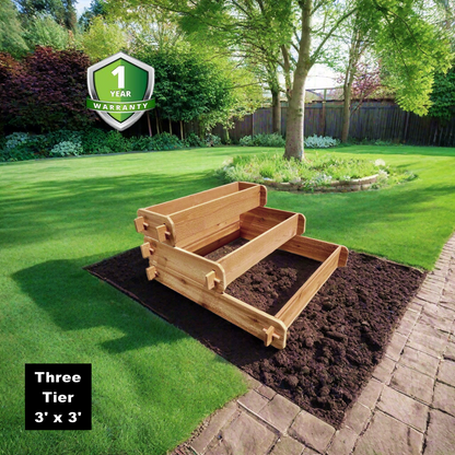 Timberlane Gardens 3-tier cedar raised garden bed kit with stepped pyramid wooden planters on lawn on Tampa Home & Garden Store