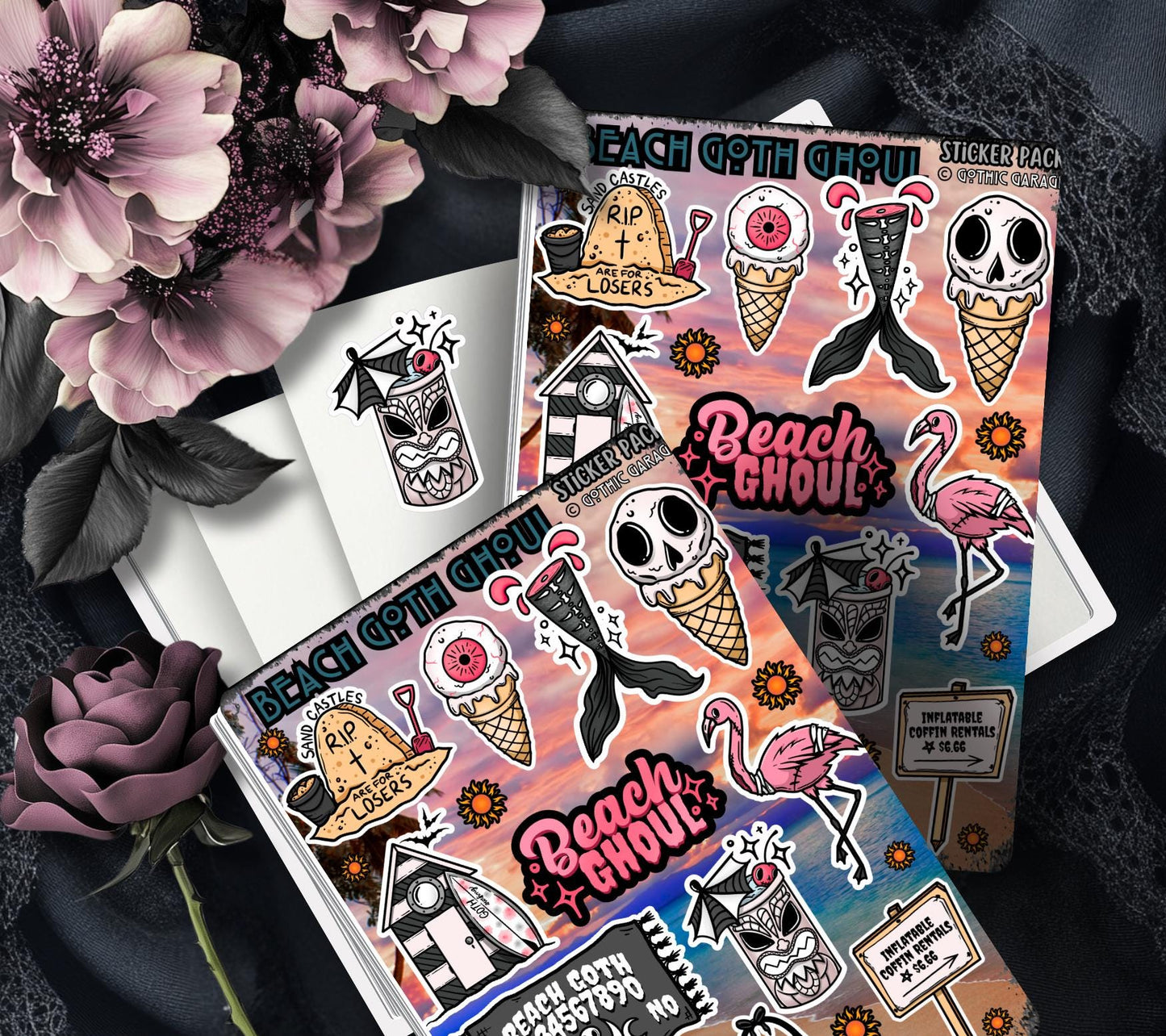 Beach Goth Ghoul Sticker Sheet – Where Spooky Meets Sunny - Perfect for Scrapbooking and Collecting - Tampa Home & Garden Store