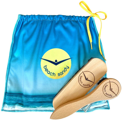 Beach Sandy Brush Kit – Eco-Friendly Sand Remover with Beech Wood Brushes & Microfiber Towel Bag – Portable Beach Accessory for Feet, Gear, & Pets - Tampa Home & Garden Store