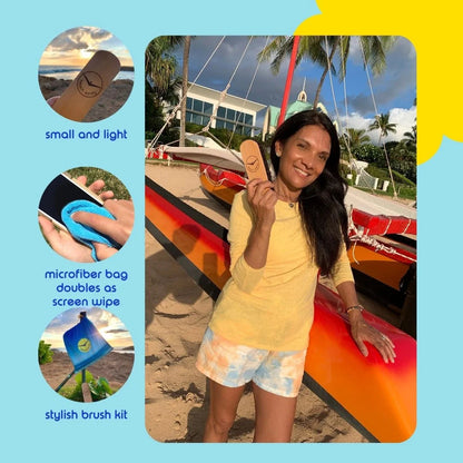 Beach Sandy Brush Kit – Eco-Friendly Sand Remover with Beech Wood Brushes & Microfiber Towel Bag – Portable Beach Accessory for Feet, Gear, & Pets - Tampa Home & Garden Store