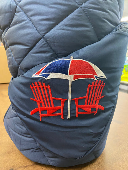 Beach Day on Navy Puffer Blanket featuring a bold red embroidered patch on Tampa Home & Garden Store