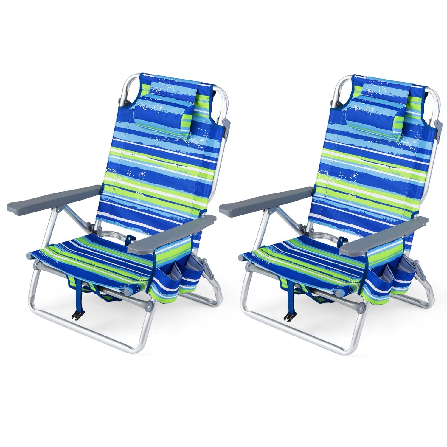 GemGear striped beach chairs 2pk folding backpack recliners with 5pos backrest and headrest on Tampa Home & Garden Store