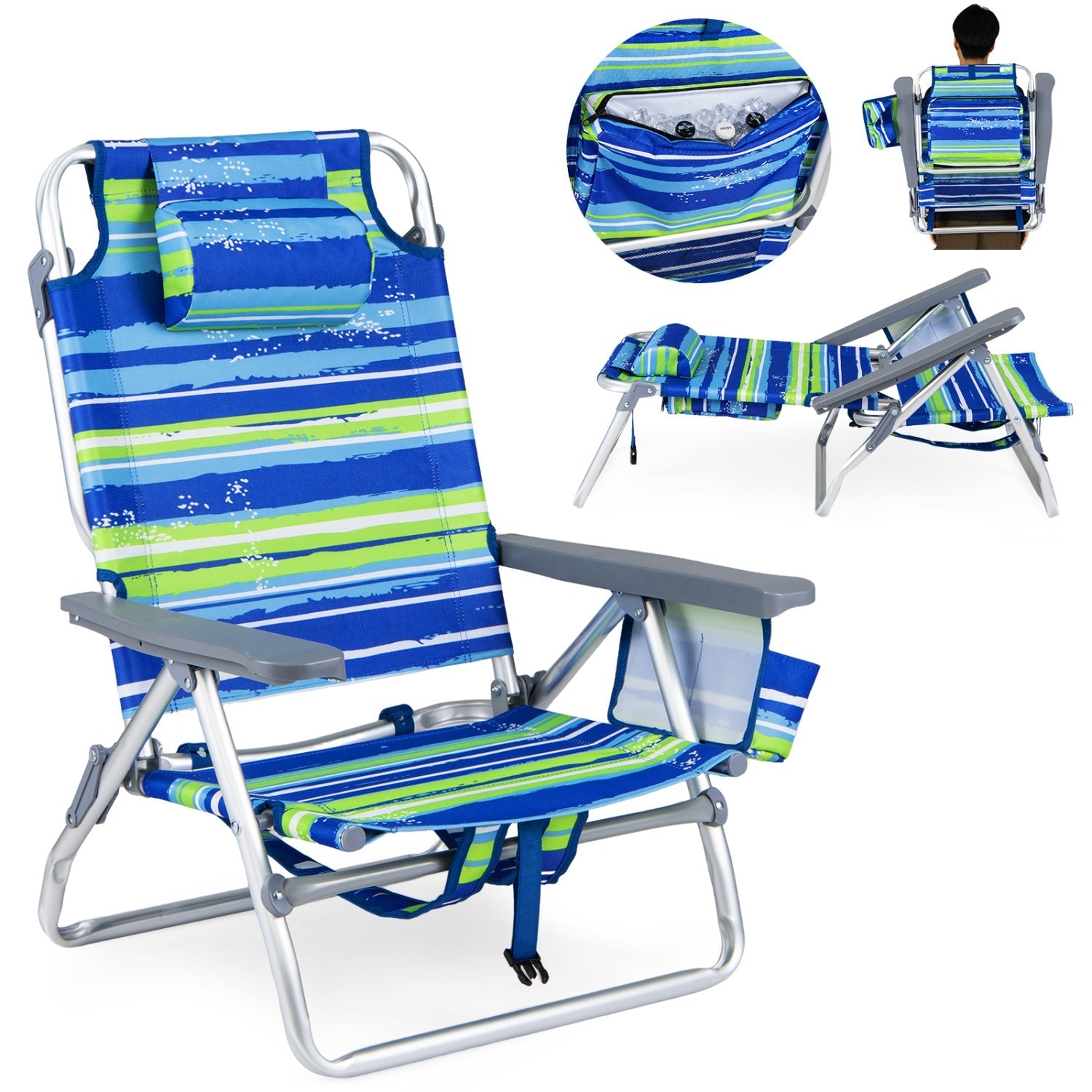 Beach chairs set of 2 portable folding backpack recliners with padded headrests in blue on Tampa Home & Garden Store