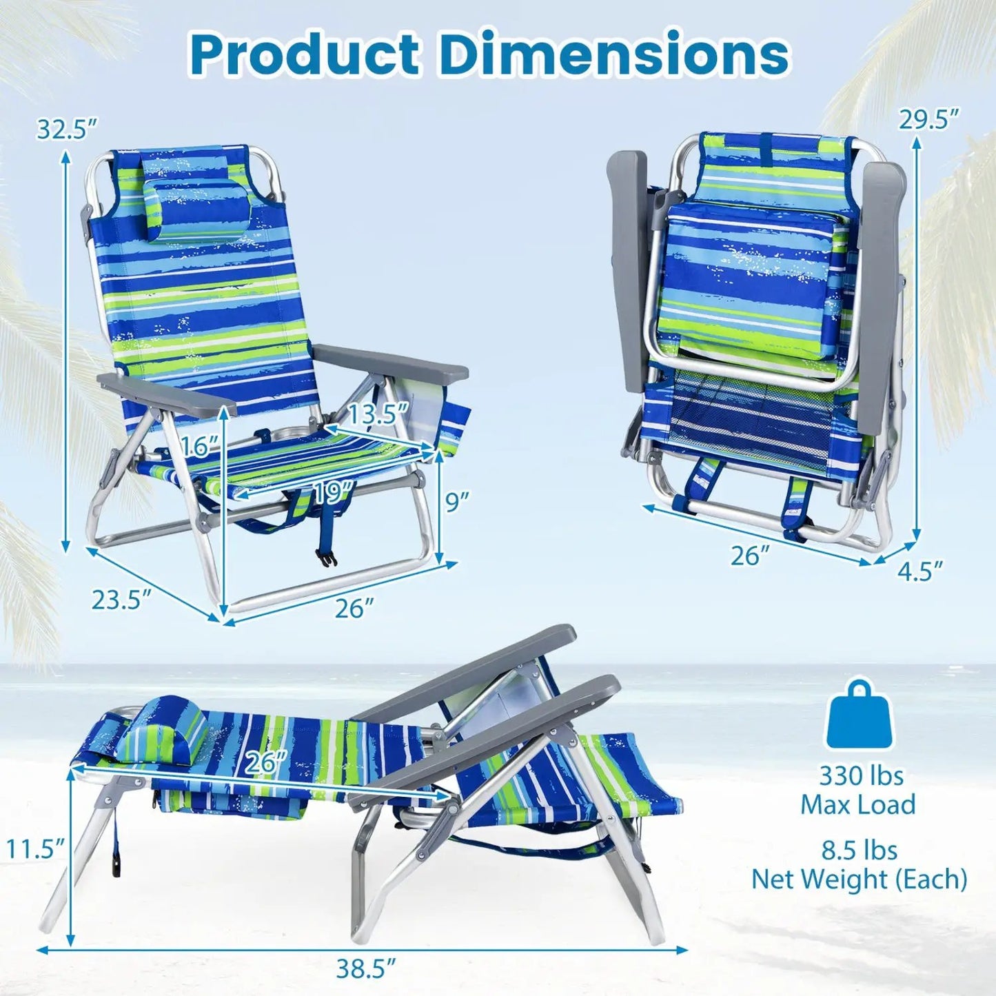 Beach Chairs Set of 2 Folding Backpack Recliners