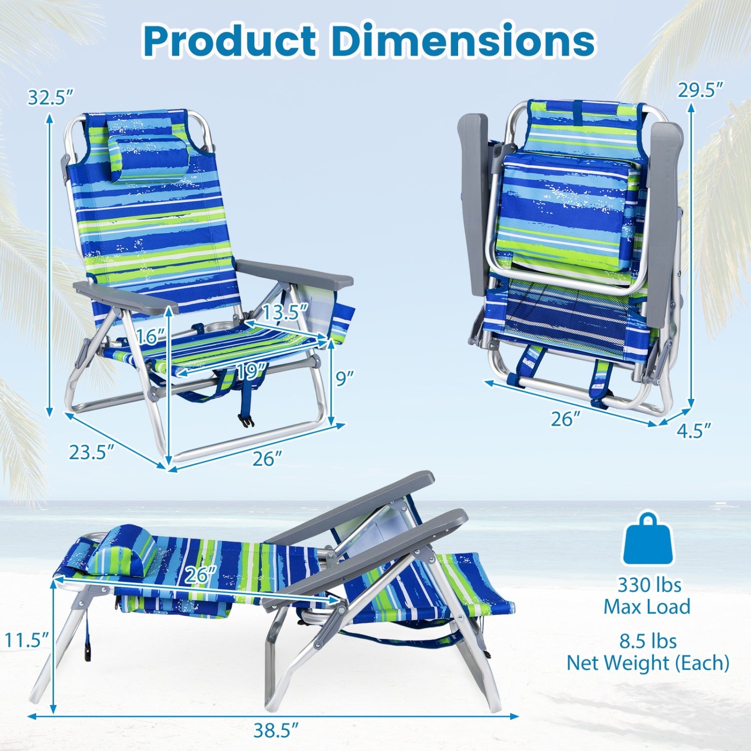 GemGear Beach Chairs set of 2 folding backpack recliners with blue-striped 5-position backrests on Tampa Home & Garden Store