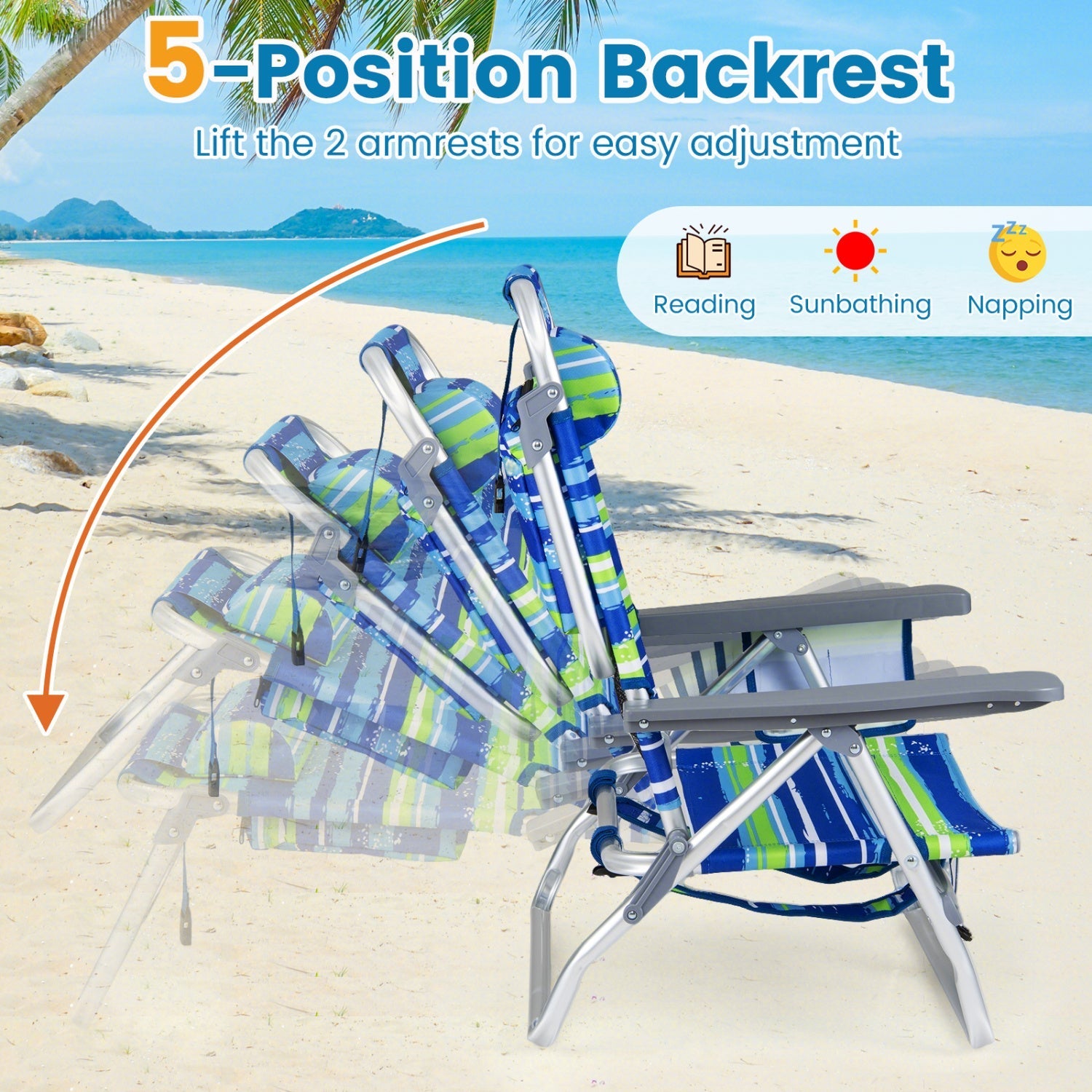GemGear Beach Chairs set of 2 portable folding backpack recliners with 5-position backrests on Tampa Home & Garden Store