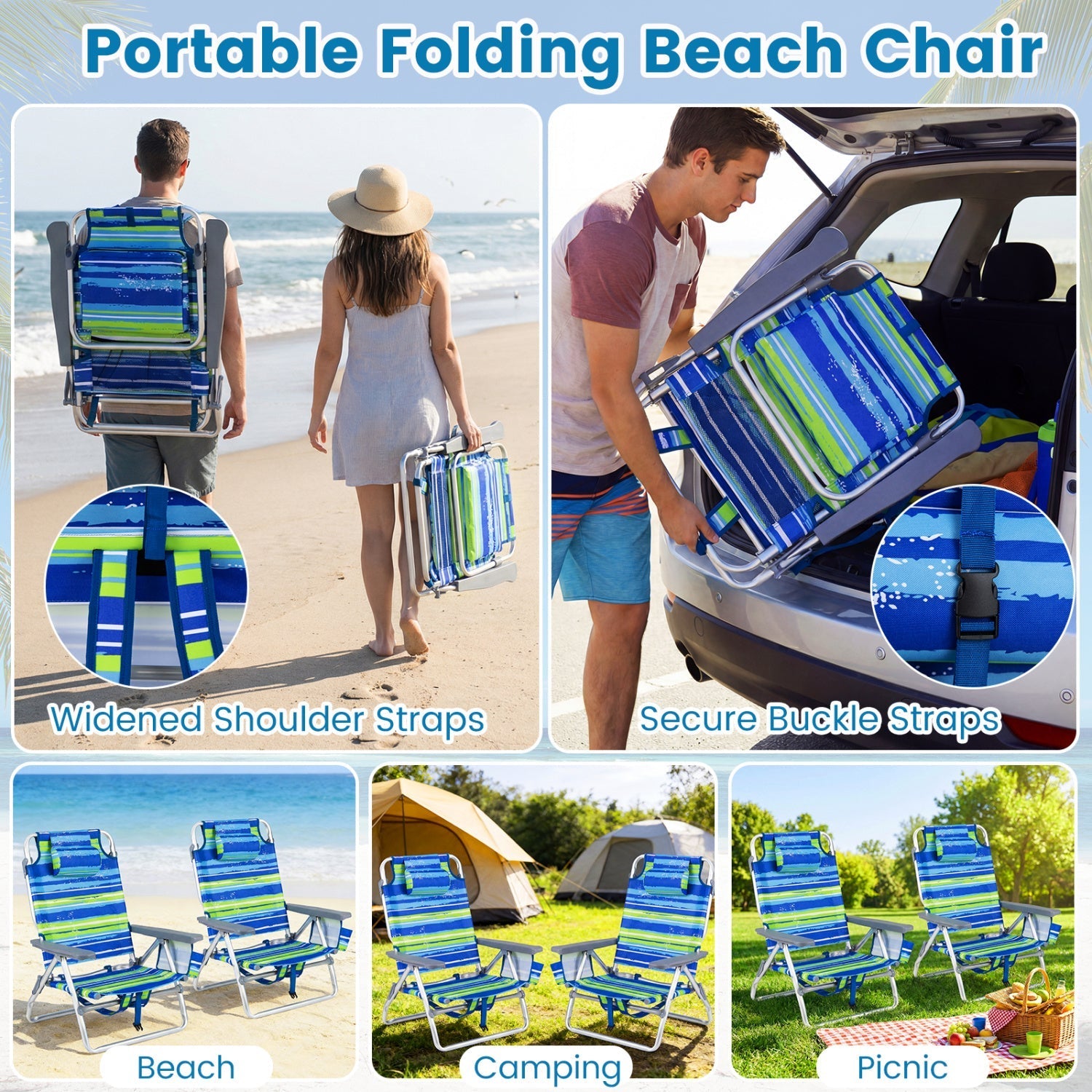 Beach chairs GemGear 2-pack portable folding backpack recliners with striped blue-green pattern on Tampa Home & Garden Store