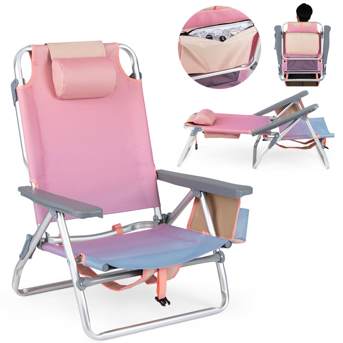 Beach chairs GemGear set of 2, pink portable folding backpack recliners with 5-position backrest on Tampa Home & Garden Store