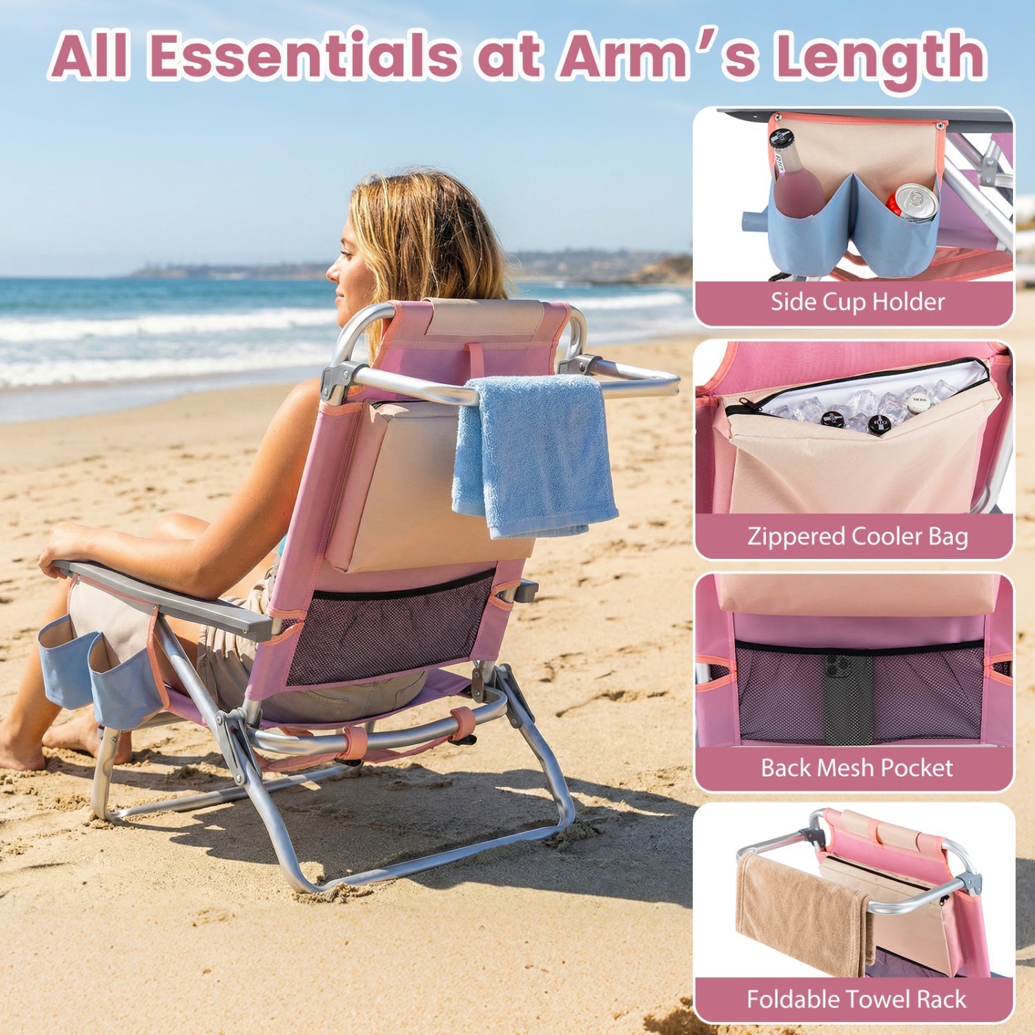 GemGear 2-pack beach chairs portable folding backpack recliners with 5-position backrest pink on Tampa Home & Garden Store