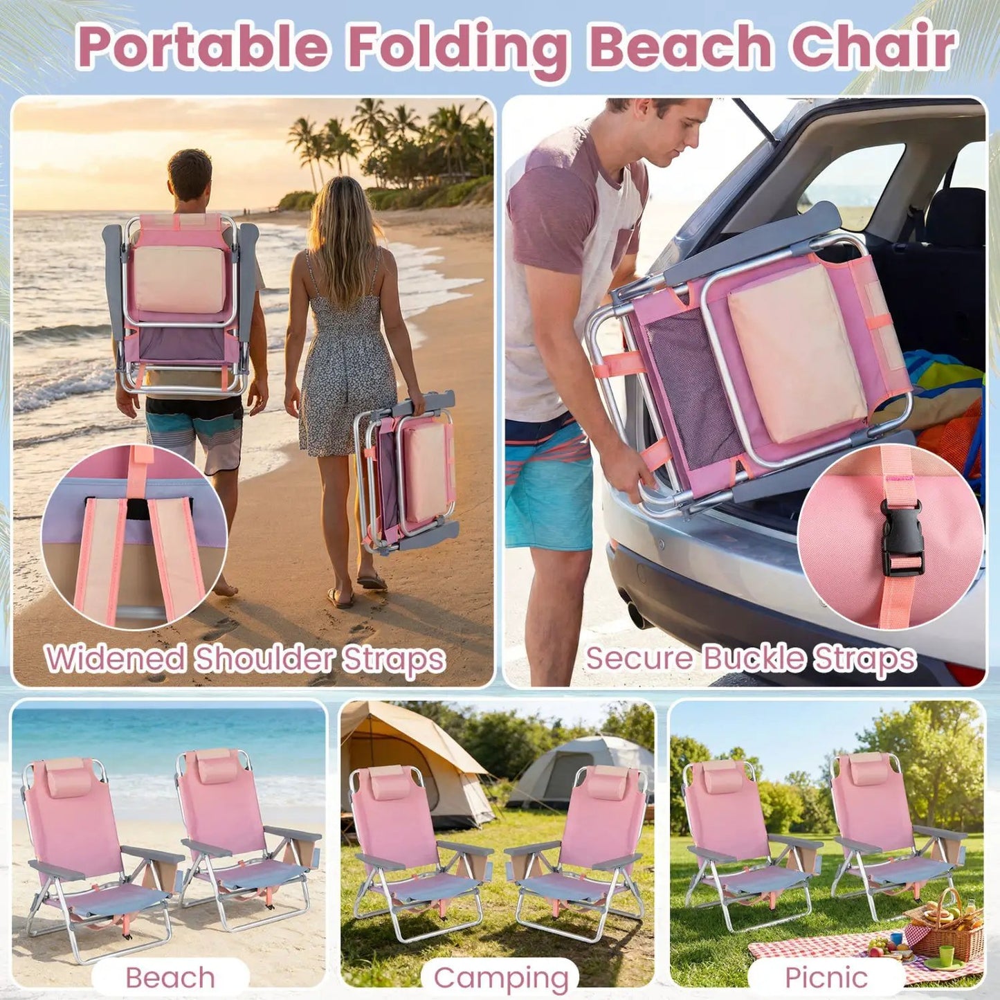 Beach Chairs Set of 2 Folding Backpack Recliners