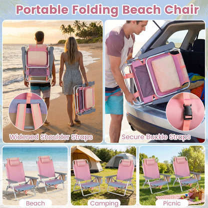 GemGear pink beach chairs set of 2 portable folding backpack recliners with 5-pos backrests on Tampa Home & Garden Store