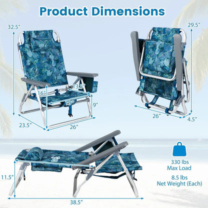 Beach Chairs Set of 2 Folding Backpack Recliners