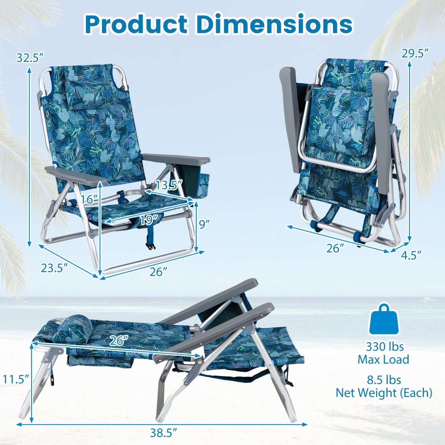 GemGear beach chairs 2-pack portable recliners with 5-position backrest and padded headrest on Tampa Home & Garden Store