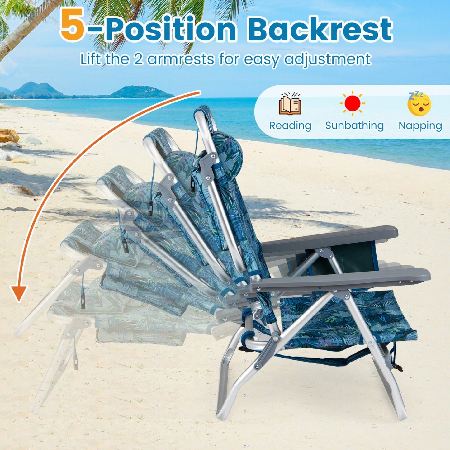 GemGear Beach Chairs set of 2 portable folding backpack recliners with 5-position backrest and padded headrest on Tampa Home & Garden Store