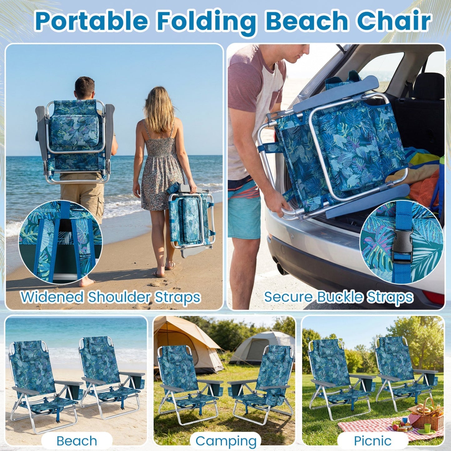 GemGear Beach Chairs 2-pack portable folding backpack recliners with 5-position backrest blue print on Tampa Home & Garden Store