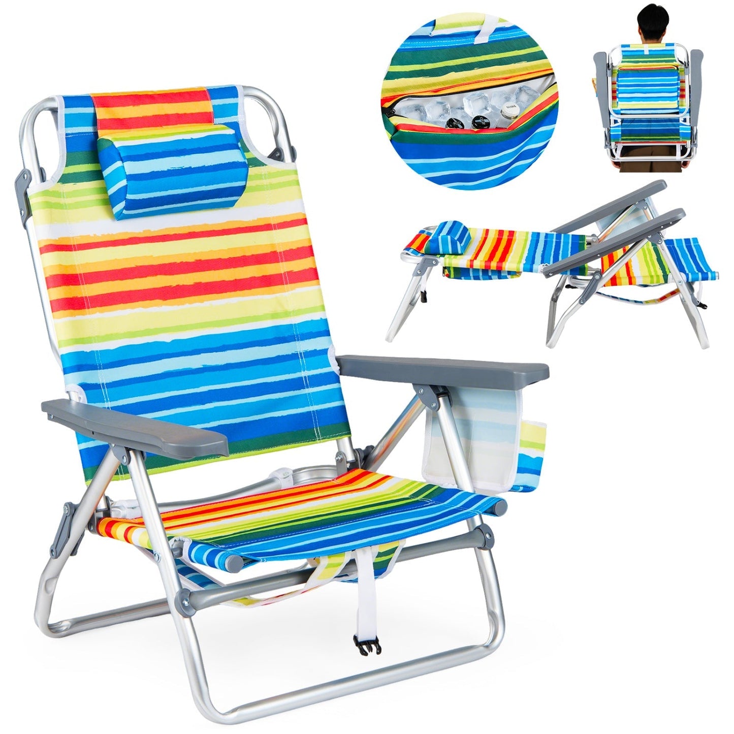 GemGear beach chairs set of 2 portable folding backpack recliners with rainbow striped fabric on Tampa Home & Garden Store