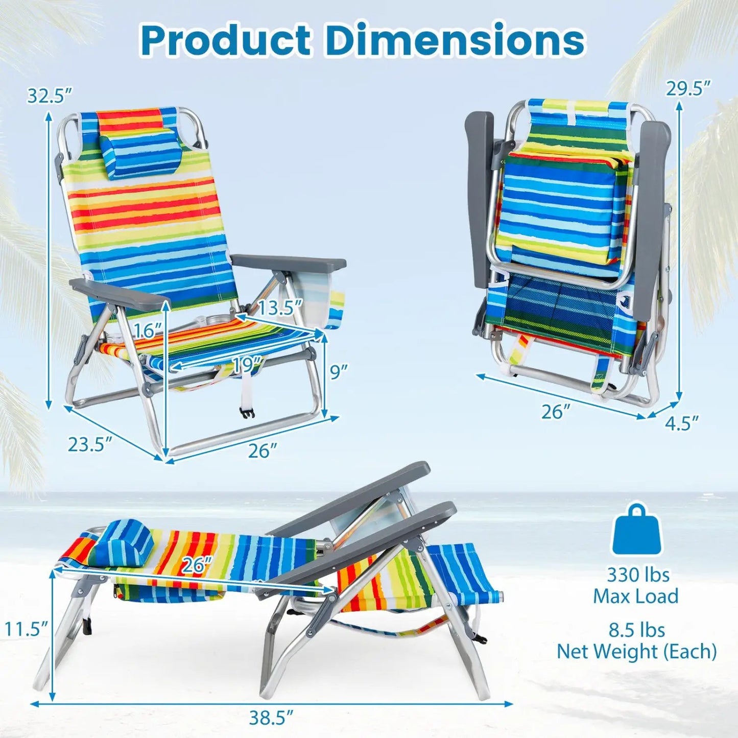 Beach Chairs Set of 2 Folding Backpack Recliners