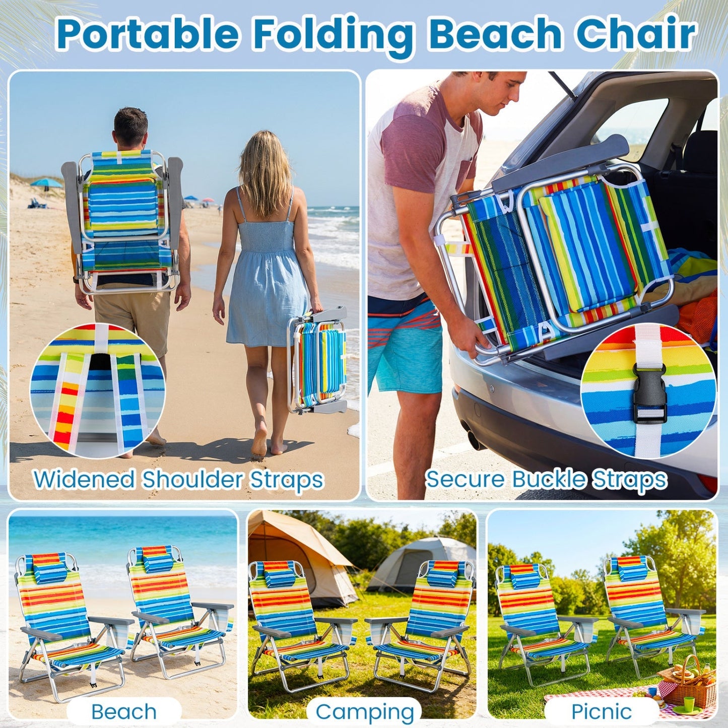 GemGear Beach Chairs Set of 2 portable folding backpack recliners with 5-position backrest on Tampa Home & Garden Store
