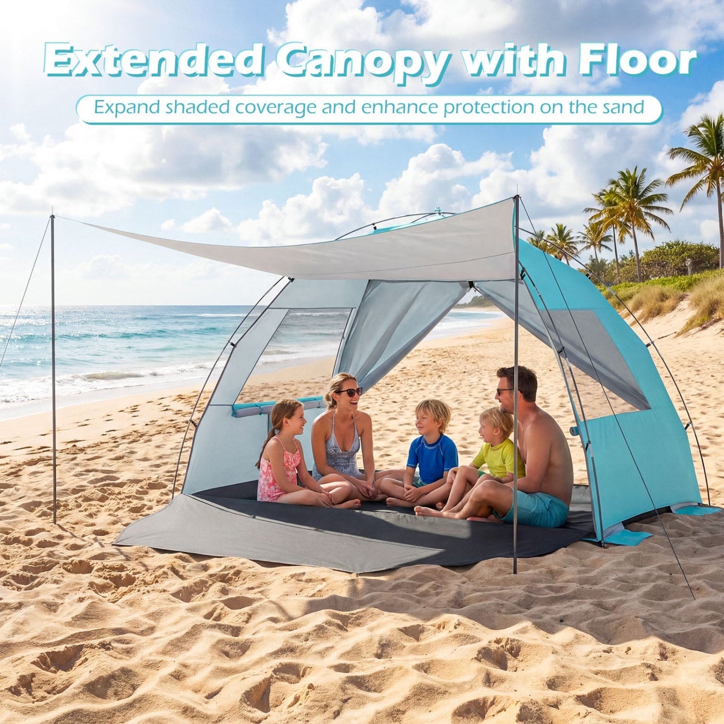 GemGear beach tent sun shelter with canopy teal gray, UPF50+ sun protection, pop-up on sand on Tampa Home & Garden Store